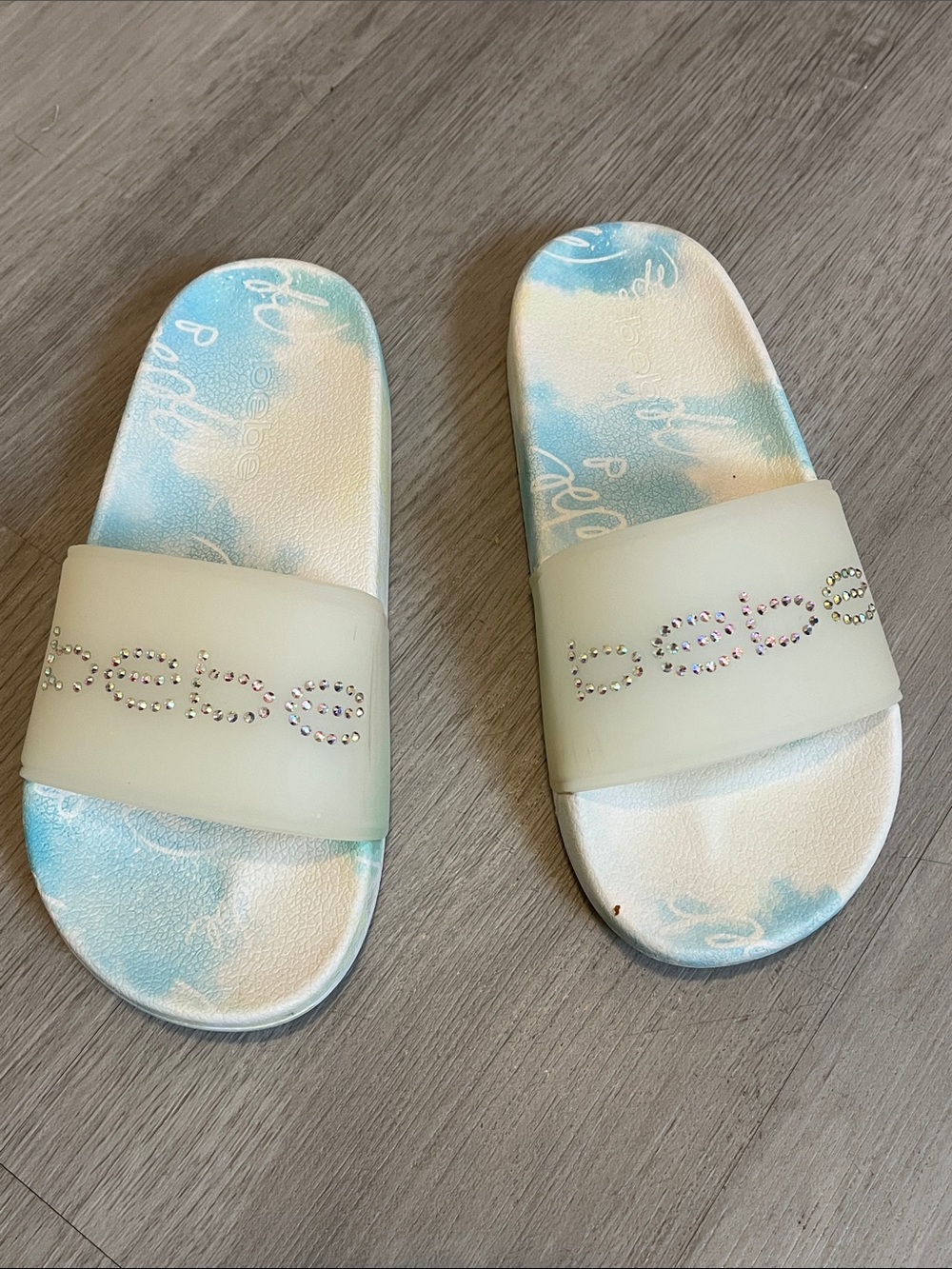bebe White Slides with Blue Tie-Dye Footbed and Rhinestone Logo